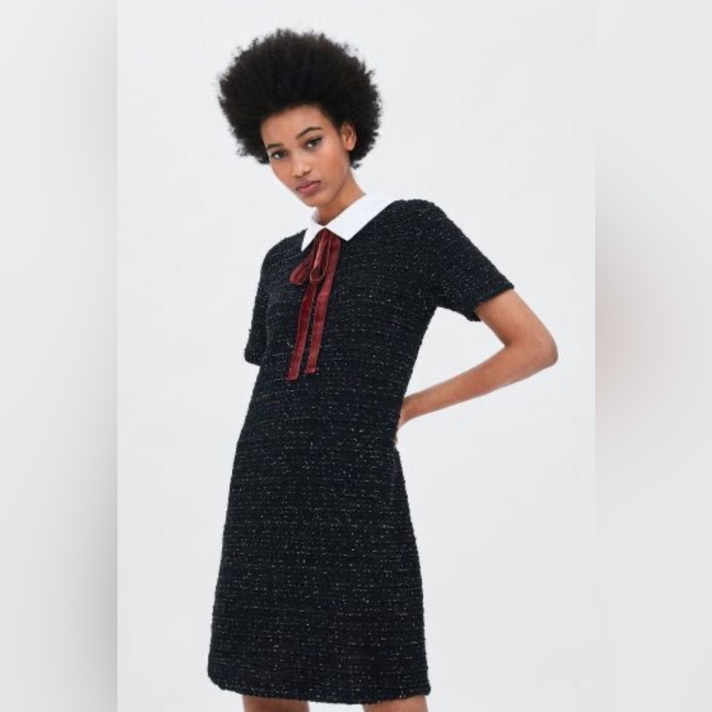 Zara Black Knit Ribbon Collard Neck Dress